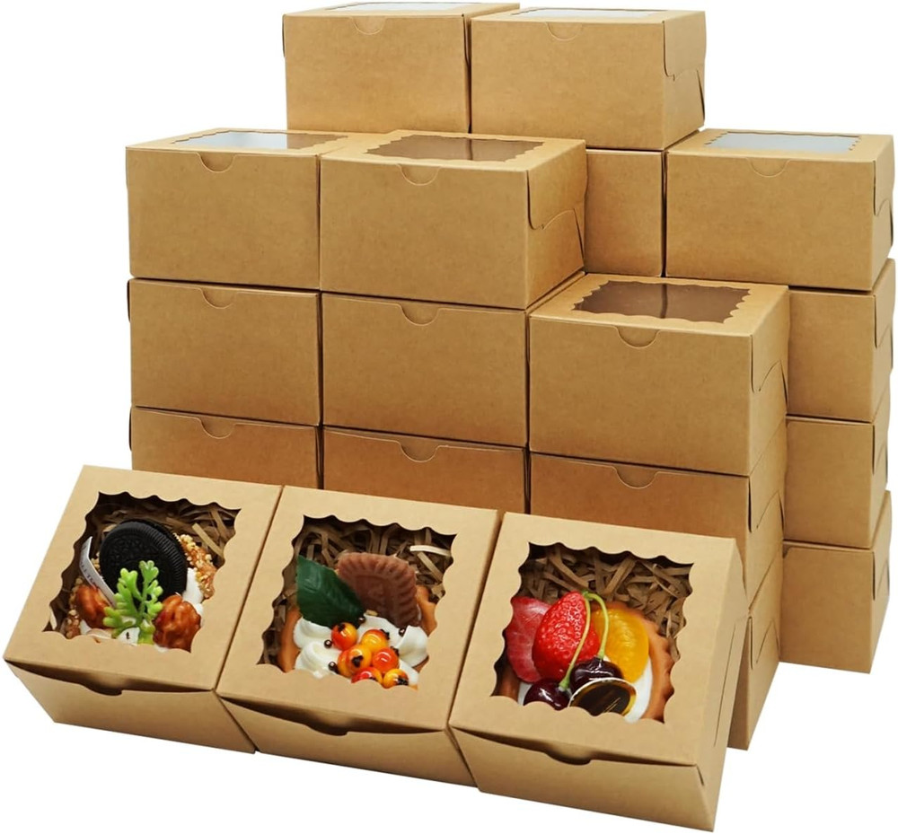 100pcs Cookie Boxes 4x4x2.5 Inch Bakery Boxes with Window Treat Box Dessert Box
