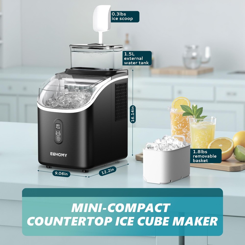 Ice Cube Maker Machine Countertop with External Water Tank, 2 Ways to Add Wat...