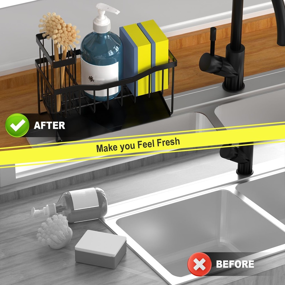 Fssvcd Maifan Sink Caddy Sponge Holder for Kitchen with Brush Black