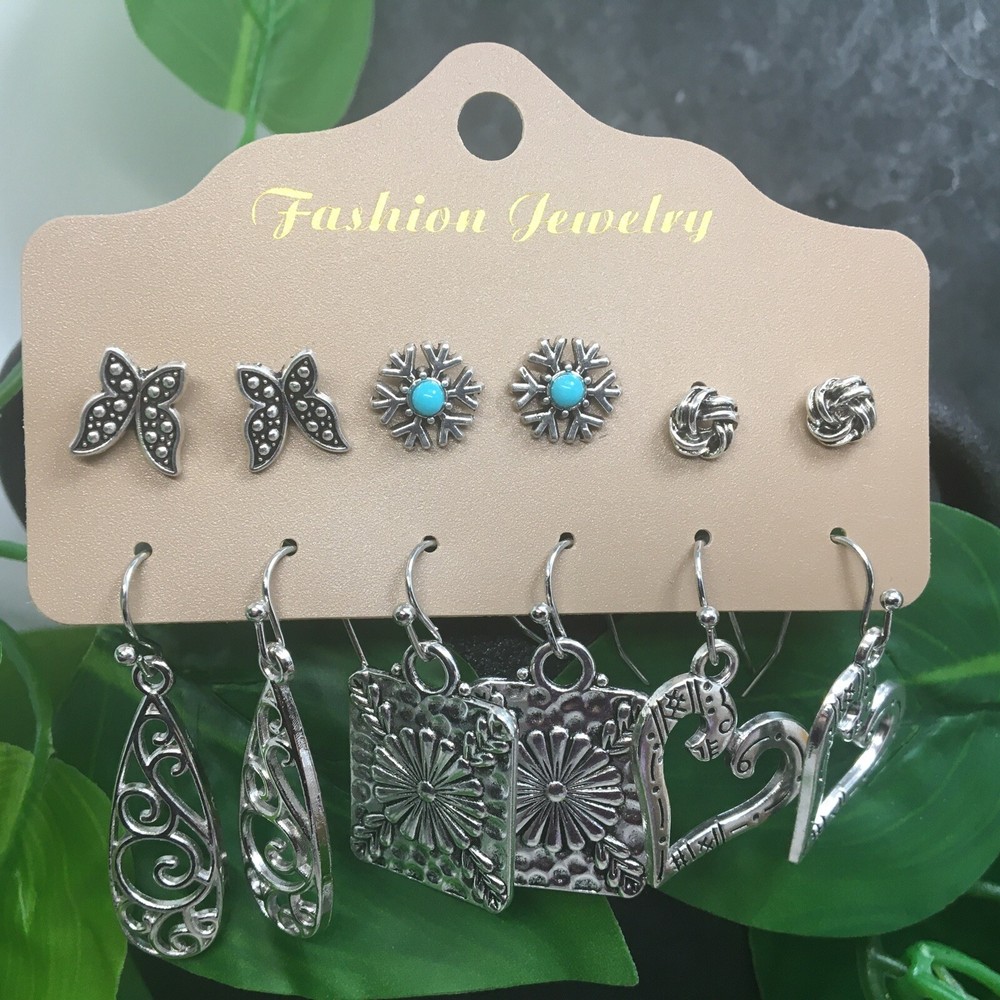 12 PC Matching Post Stud/ Dangle Earring Set Silver-Tone New Free Ship 7922