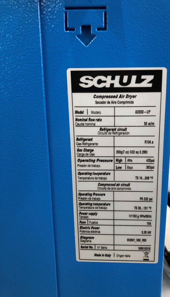 SCHULZ 50 CFM REFRIGERATED COMPRESSED AIR COMPRESSOR DRYER 115V, COMPLETE KIT