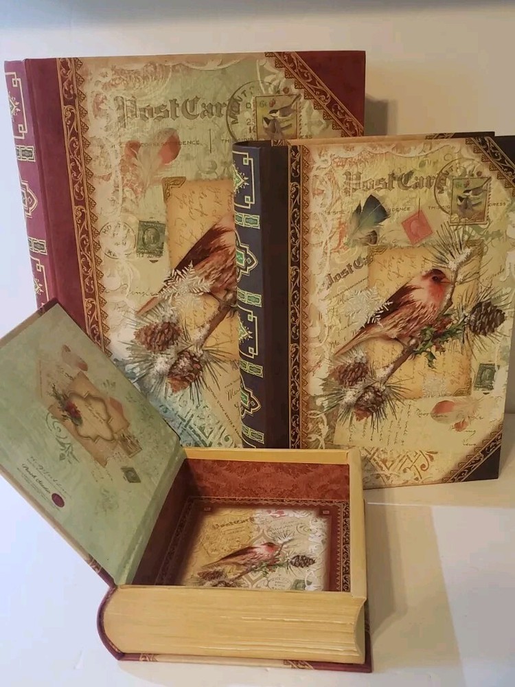 PUNCH STUDIO Storage Faux Book Boxes SET 3 Christmas Birds