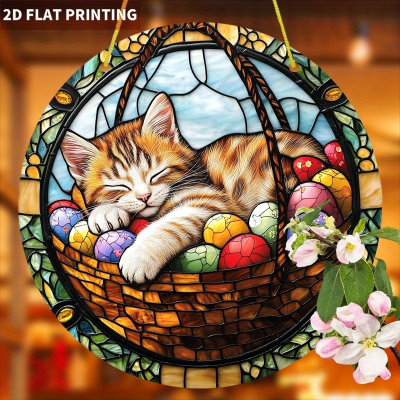 Round Sleeping Cat Acrylic Suncatcher Easter Egg Basket Vibrant Window Decor