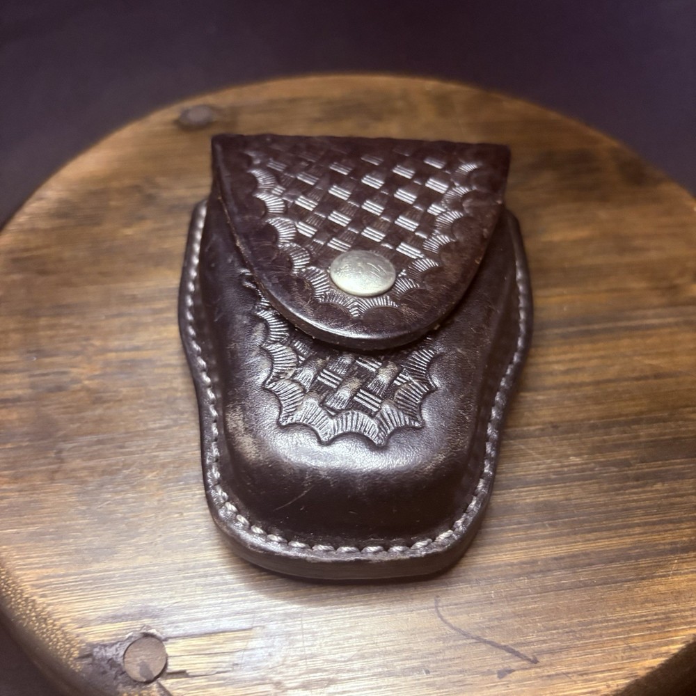 Sun Leather Handcuff Case Tooled Basketweave Leather w/ Chrome Snap