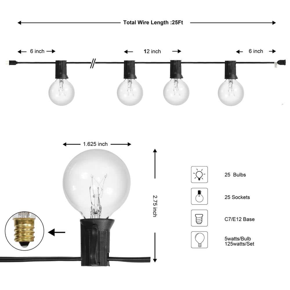 JONATHAN Y 25 ft. Plug-in Rustic G40 Bistro Globe String Lights, Black