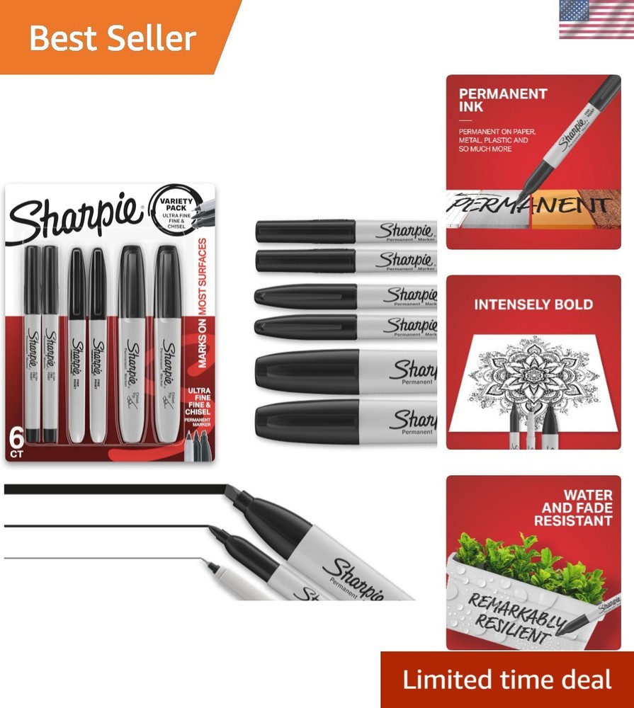 Versatile Black Permanent Marker Set - 6 Count, Chisel & Fine Tips for All Ages