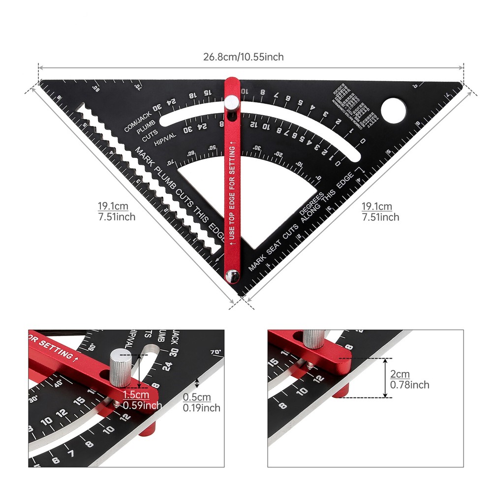 7 Inch Adjustable Angle Triangle Ruler with Adjustable Rod Woodworking Tool US