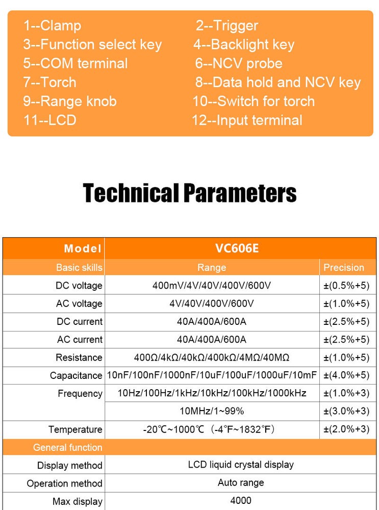 Digital Multimeter Tester AC DC Volt Amp Clamp Meter Auto Range LCD Handheld