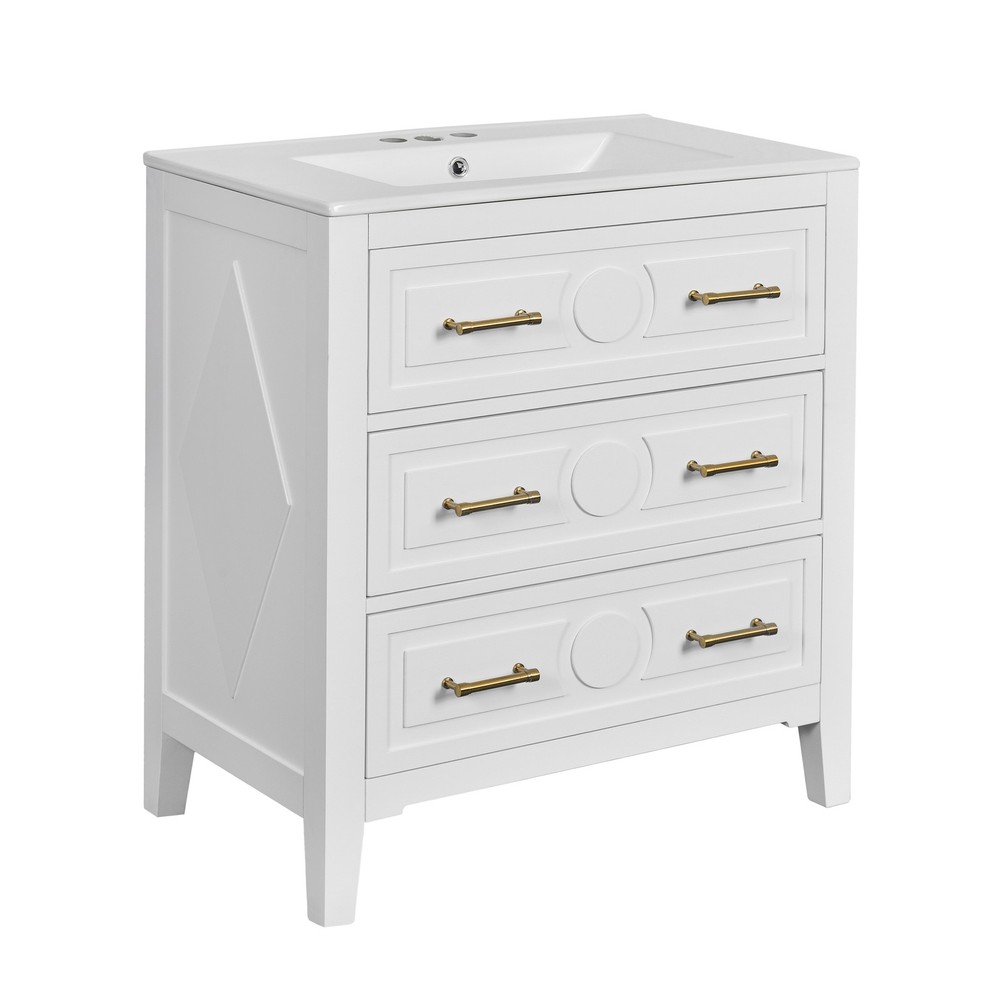 Bathroom dressing table - white, ceramic sink set, 3 drawers, solid wood frame