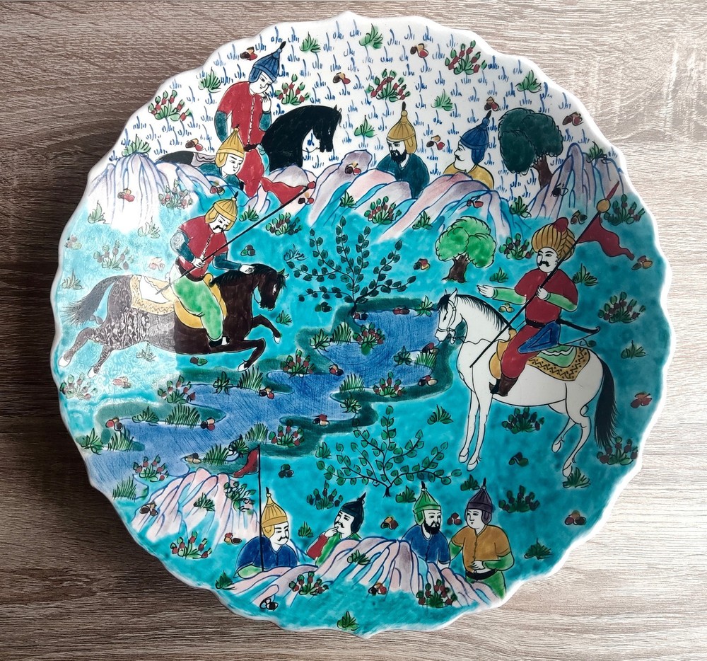 Large vintage painted ceramic plate. Turkey. Signed.