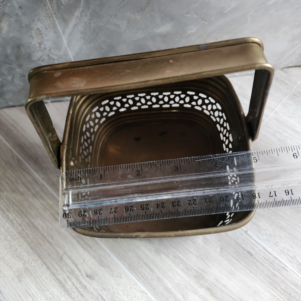 5" X 5" X 3" Pierced Solid Brass Basket Adjustable Hinged Handle Made In India