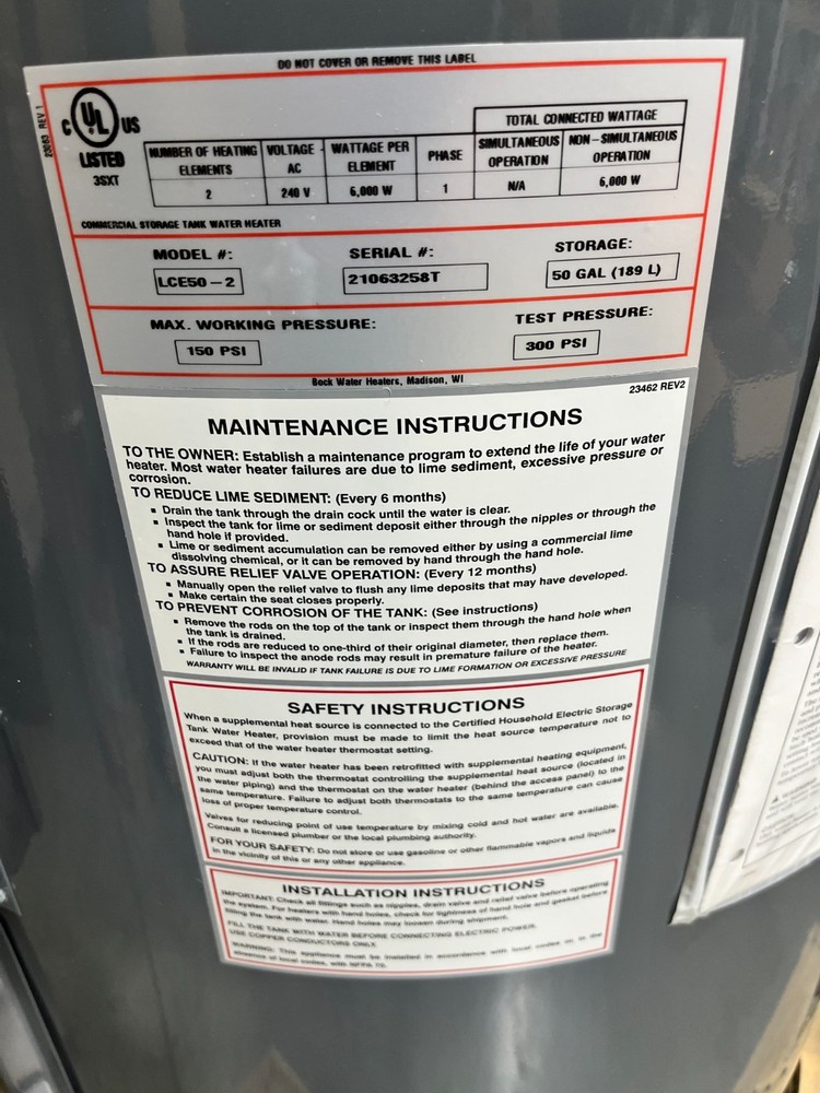 Bock LCE50-2 50 Gallon Commercial Electric Water Heater – 240V 6kW – ASME / UL