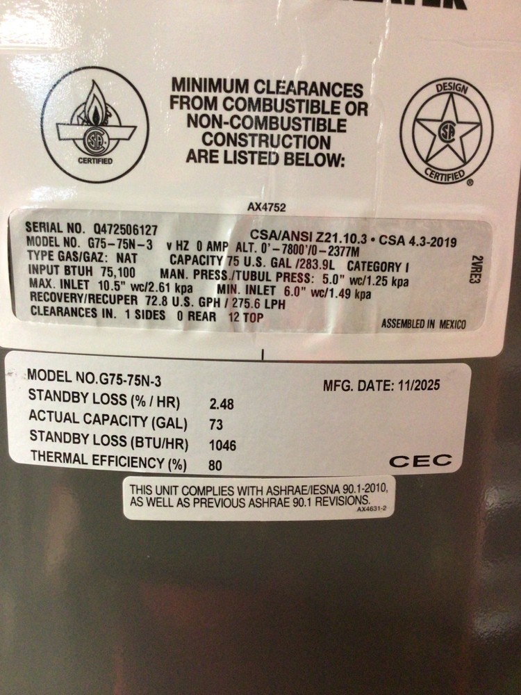 Rheem Rudd Commercial Gas Water Heater Model G75-75N-3 Natural Gas 75K New