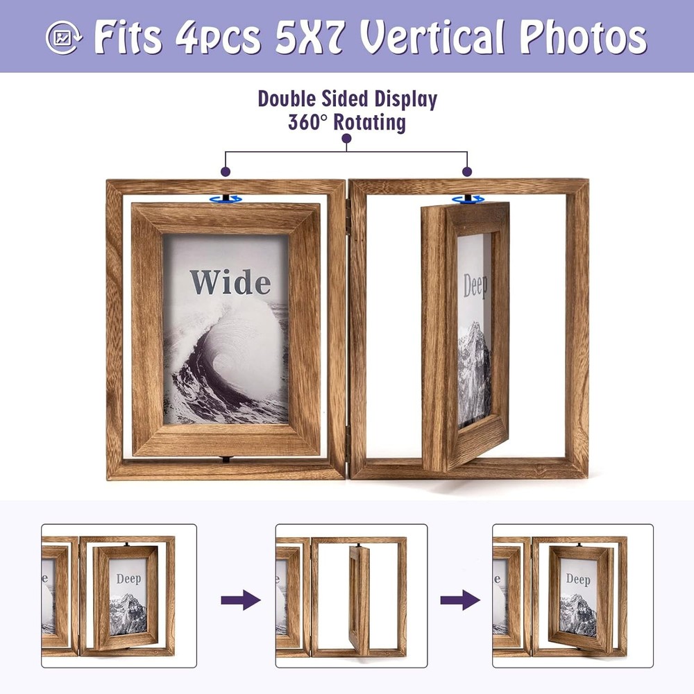 Rustic Double Picture Frame, 5x7 Hinged Collage with Distressed Wood Finish