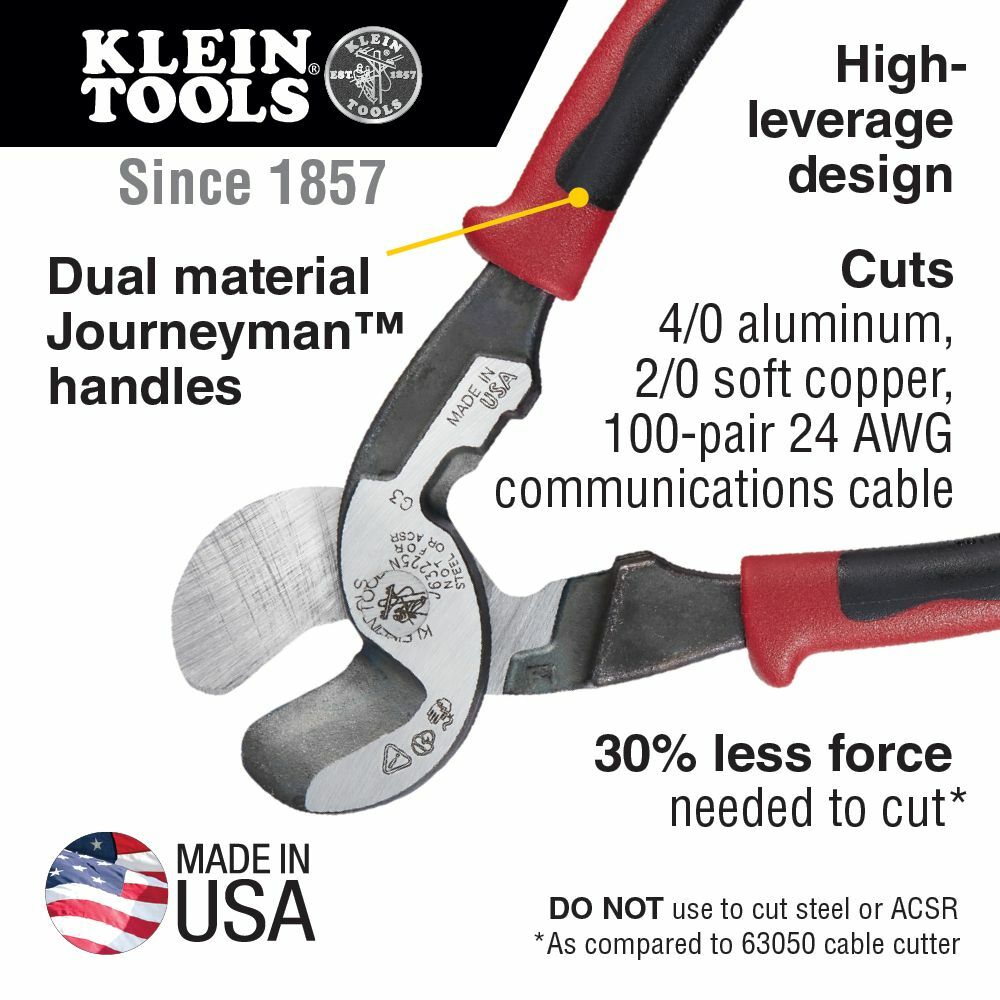 Klein Tools J63225N Journeyman High-Leverage Wire Cable Cutter and Stripper