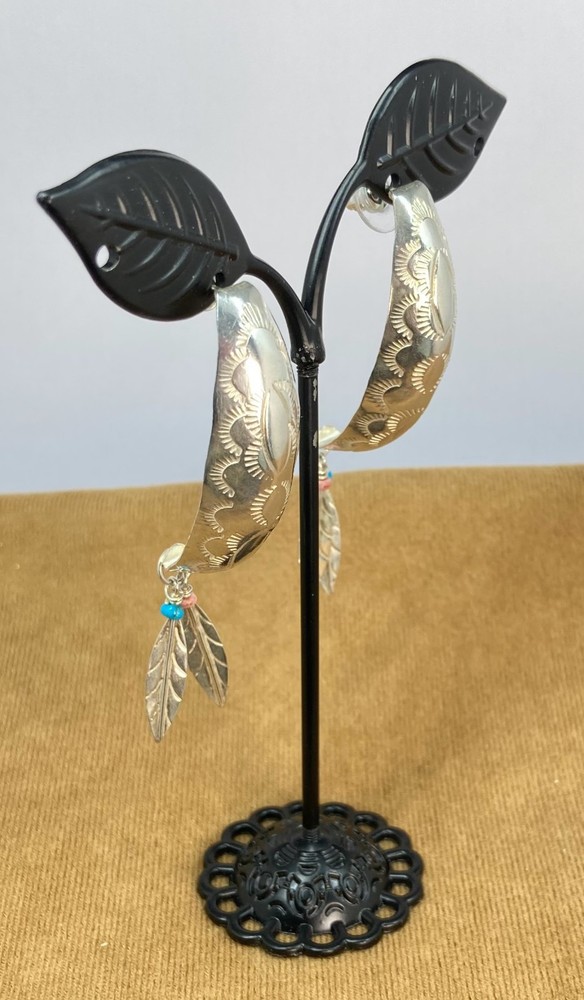 925 Sterling Silver Southwest Dangle Drop Post Earrings ~ Stampwork ~ 3" x .75"