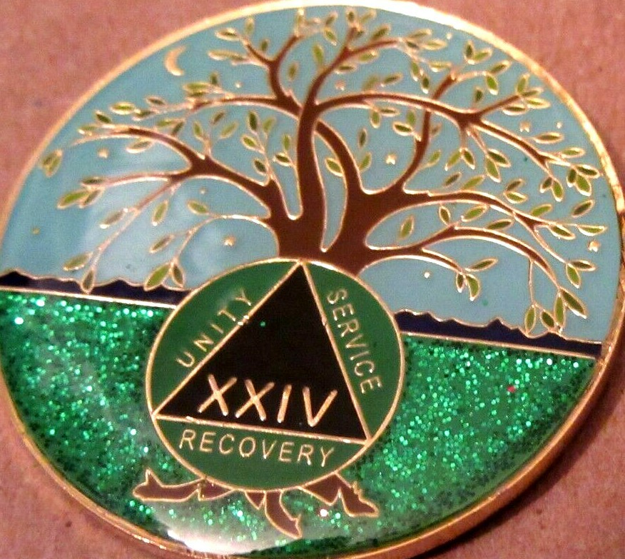 Tree - Blue green SPARKLE Alcoholics Anonymous 24 year AA Medallion Coin Token