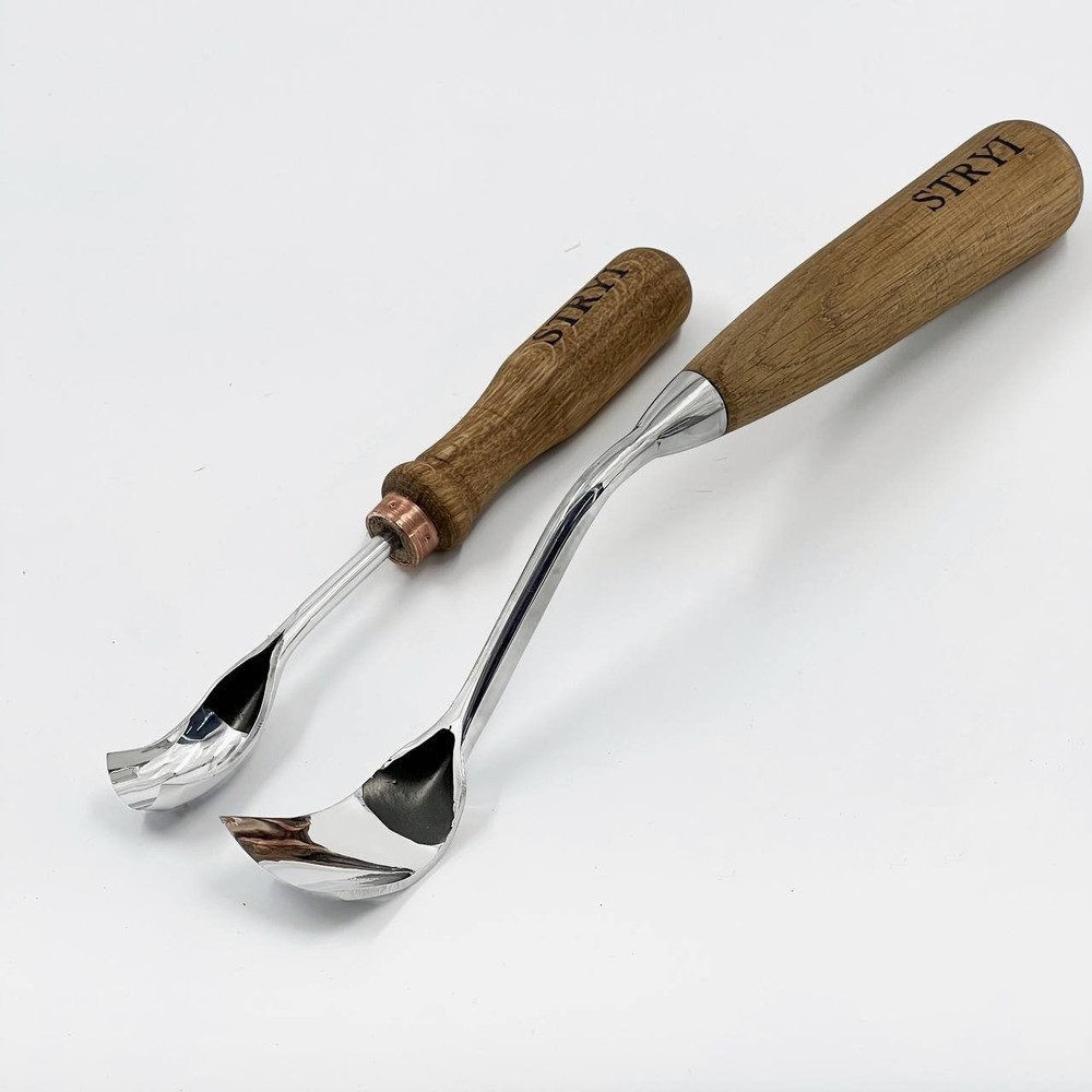 Set of large bent gouges for bowl and kuksa carving, Carbon steel spoon gouges