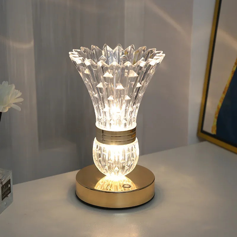 Crystal LED Vase Table Lamp, Touch Control, Night Light, Dimmable, Rechargeable