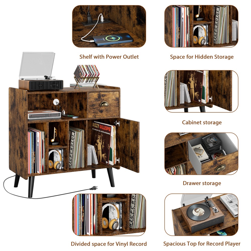 Large Record Player Stand Vinyl Record Storage Table Power Outlet Display Shelf