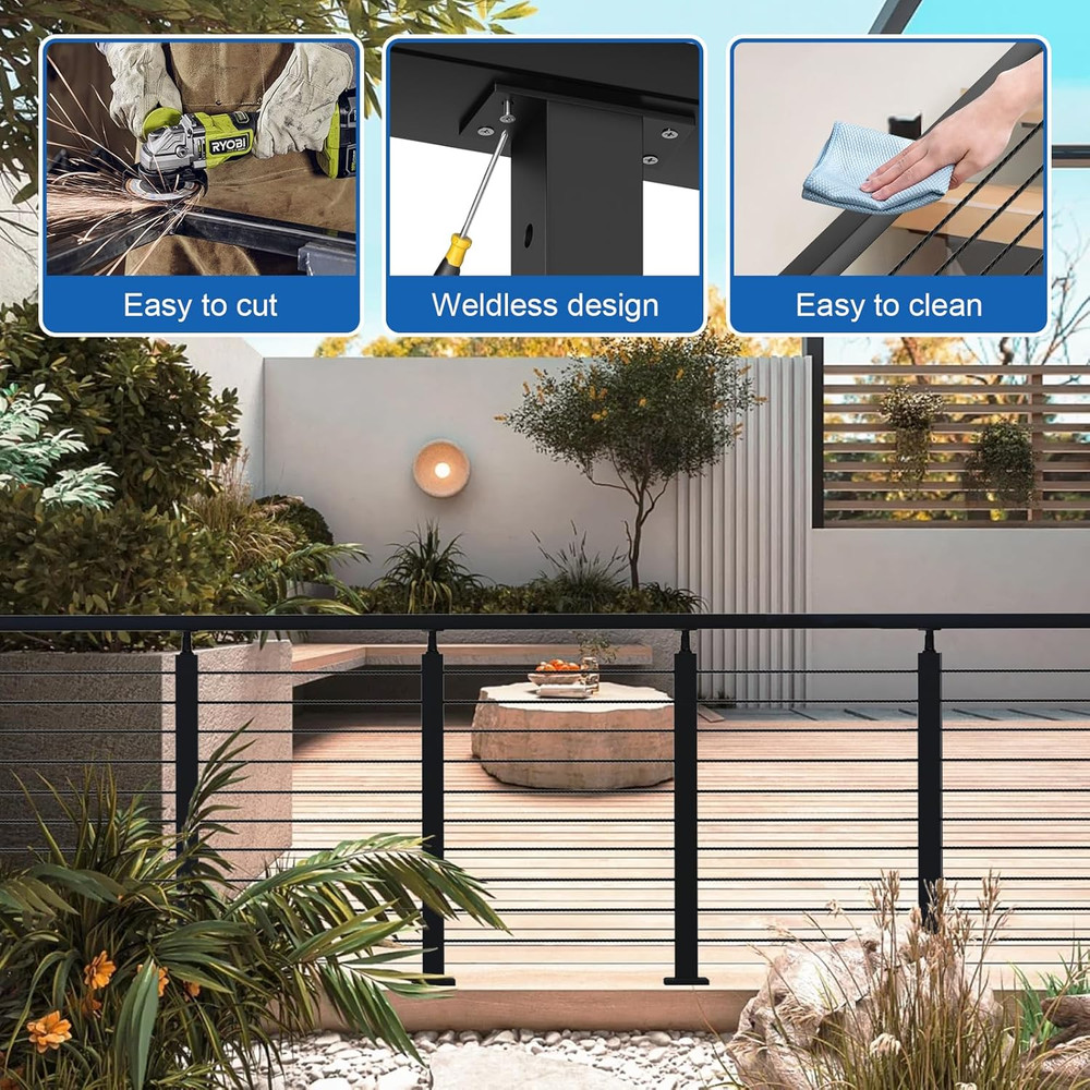 8FT Stainless Steel Cable Railing Handrail, Black Rectangular Handrail Flat Top