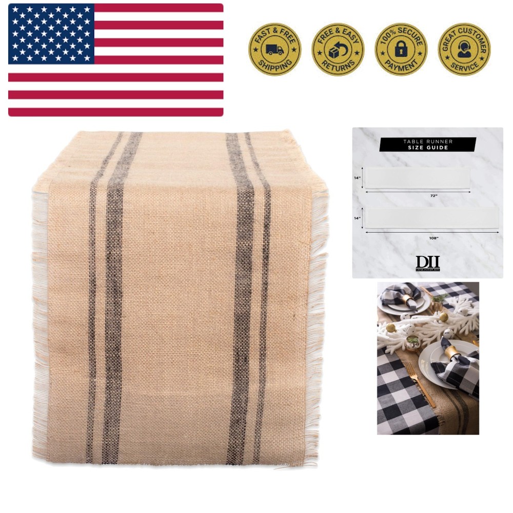 Jute Burlap Collection Kitchen Tabletop, Table Runner, 14x108, Double Border ...