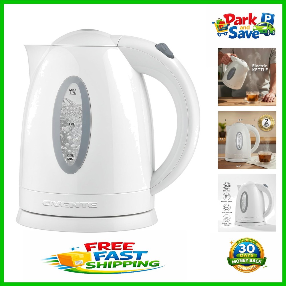 Fast Boiling 1.7L Electric Kettle with Auto Shut-Off & Removable Filter | White