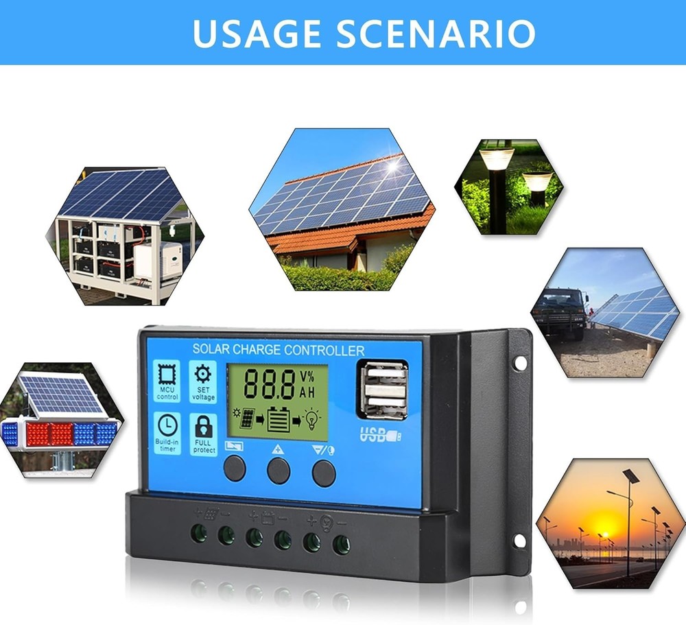 30A Solar Charge Controller, 12V/24V Dual USB Solar Panel Battery Intelligent...