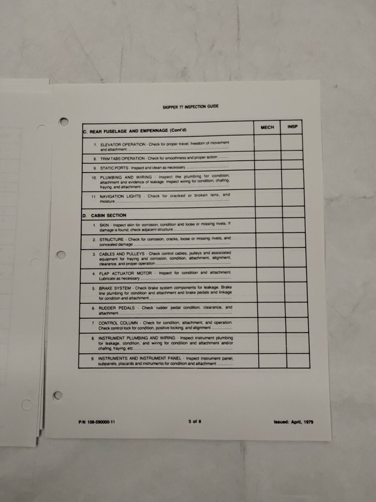 Beechcraft Model Skipper 77 Inspection Guide (12-Sets)-Original