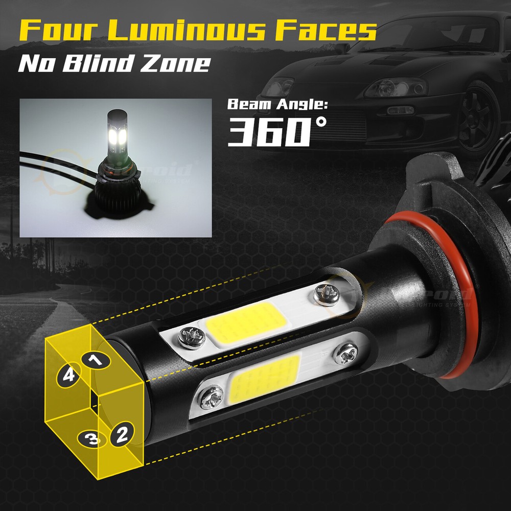 2x 4-sides 9006 LED Headlight Bulb Conversion Kit Low Beam 6500K Super Bright