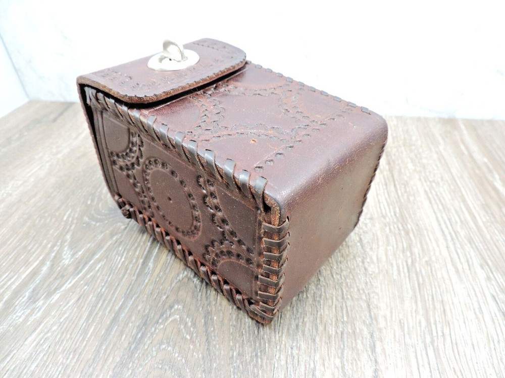 Brown Tooled Leather Rectangular Belt Box w/Latch 3"x5"x3"