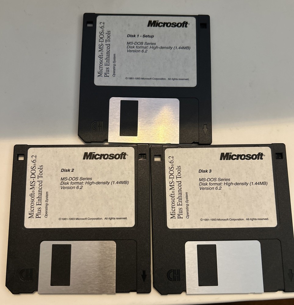 Microsoft MS-DOS 6.22 Plus Enhanced Tools 3.5” Floppy Disks 1-3
