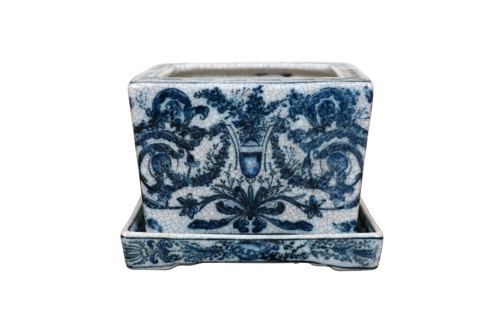 United Wilson Blue & White Rectangular Planter & Underplate Cache Pot Vase 6"