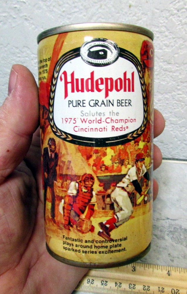 Hudepohl 1975 Reds 12 oz empty pull tab style top tin beer can, great colors