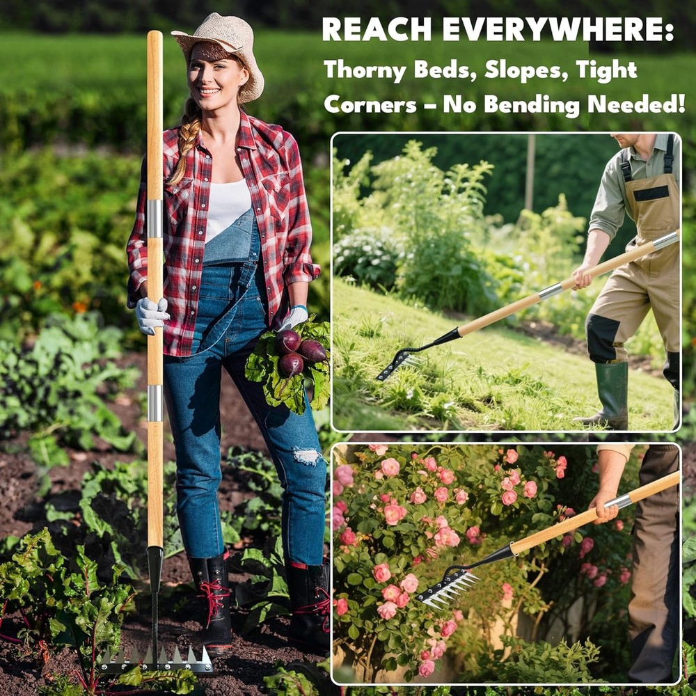 Iron Weeding Rake with Handle 2.0, Upgraded 8 Teeths Garden Weed Puller Tool Hea