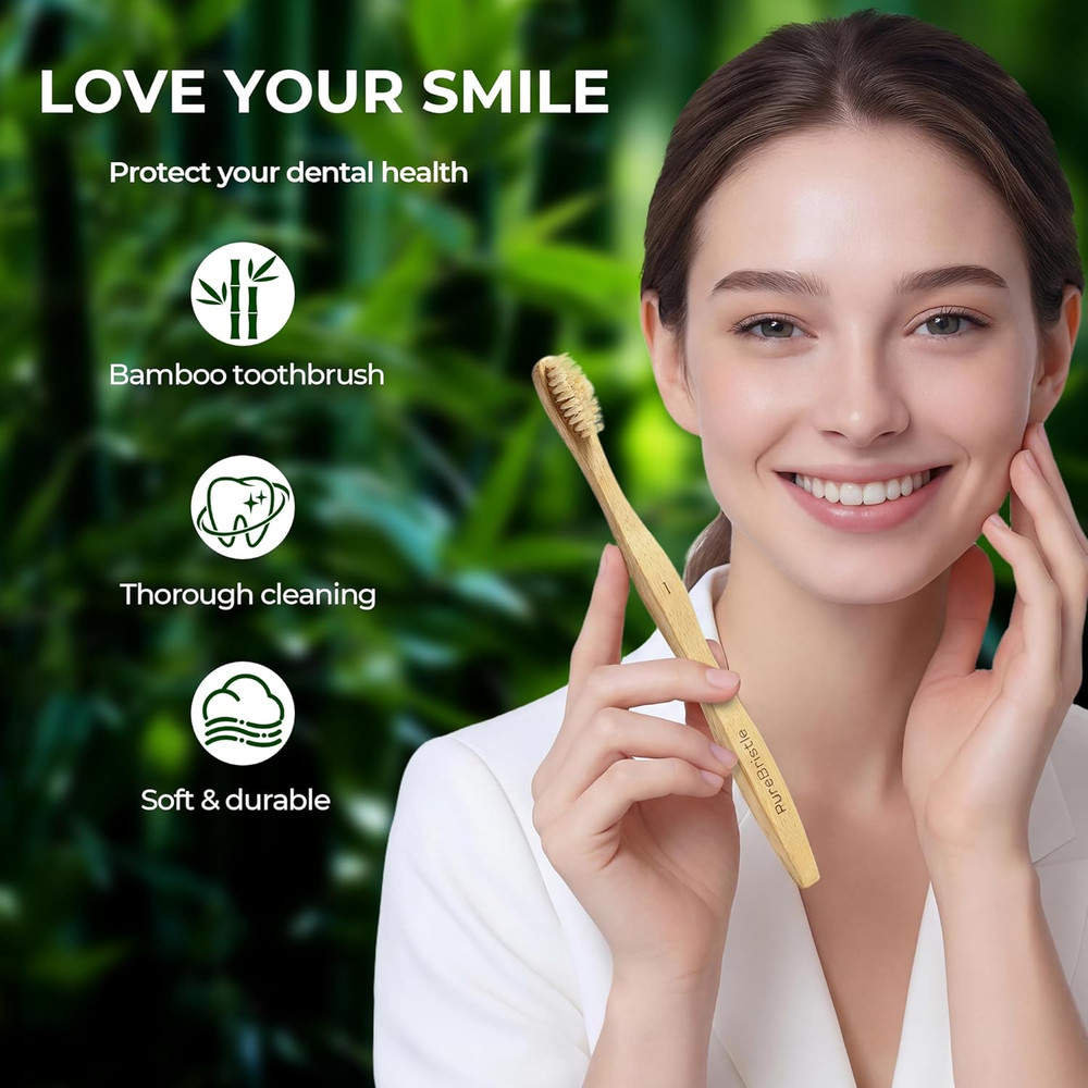 Boar Bristle Bamboo Toothbrushes 4-Pack, 100% Biodegradable Plastic Nylon Free,
