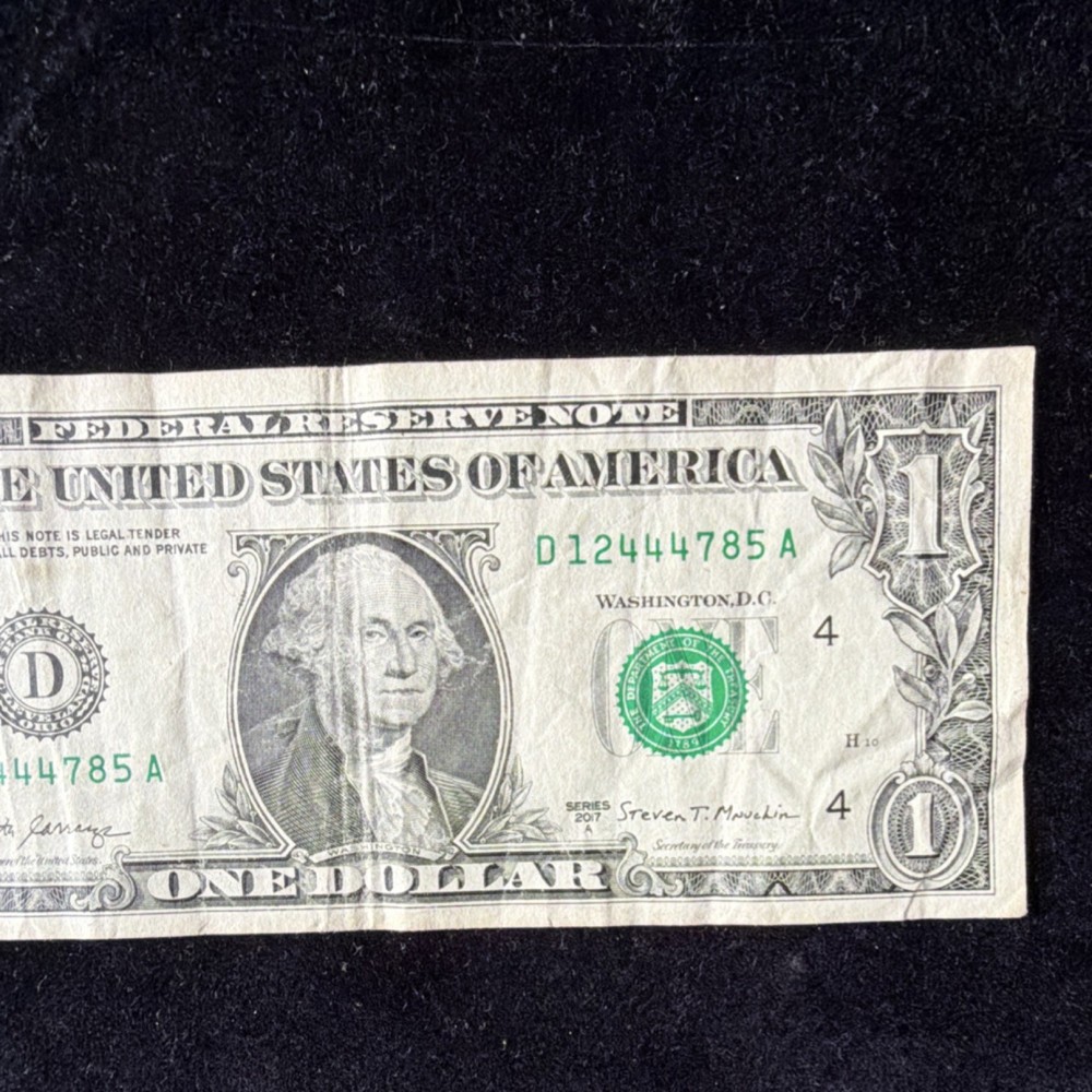 $1 US Dollar Bill Error Note D12444785A Misaligned Printing step ladder three 4s