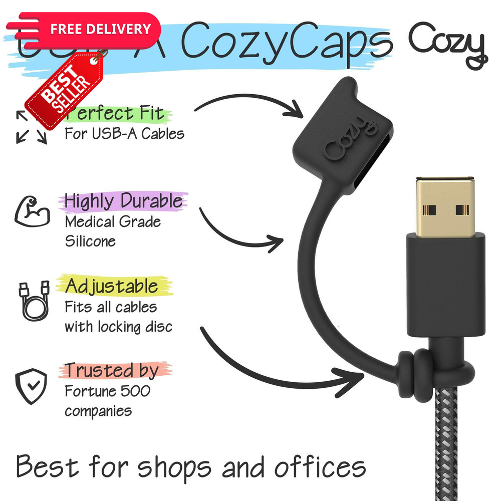 [10-Pack] Cozy USB Caps/Covers/Tether for A USB-A (2) - Black - 10 Pack