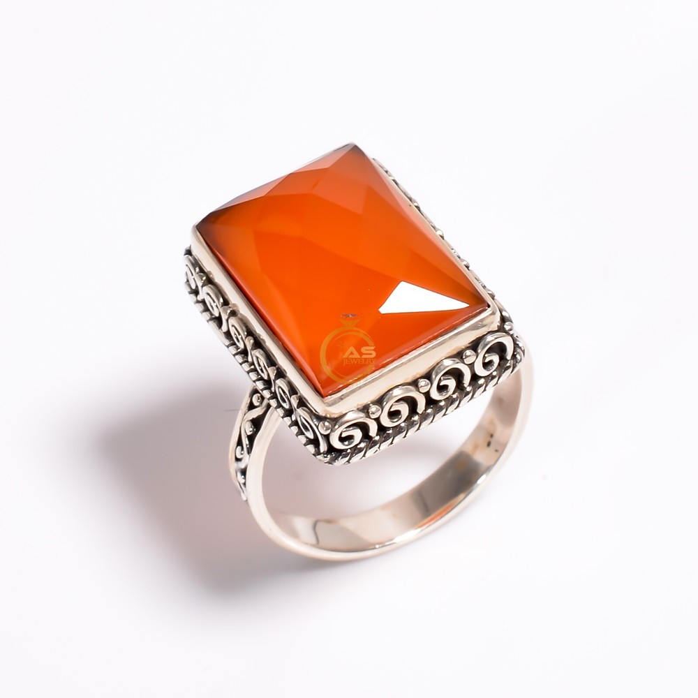 Orange Carnelian Stone Ring 925 Sterling Silver Handmade Design Statement Ring