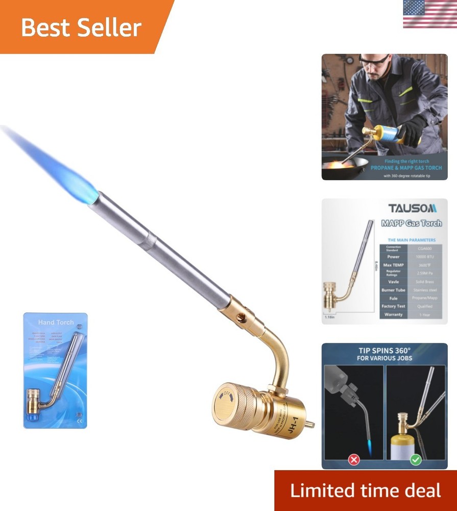 Durable Brass MAPP Gas Torch Head with Adjustable Flame Control & Rotatable Tip
