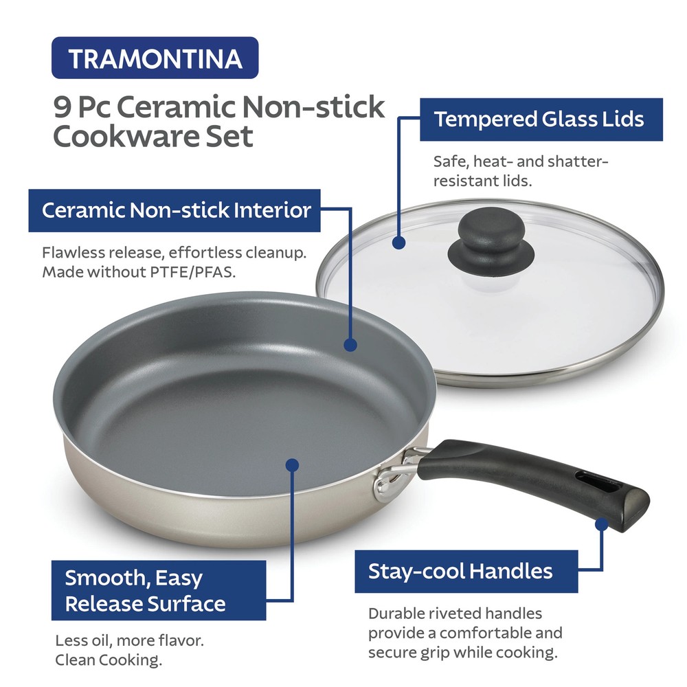 Tramontina 9-Piece Ceramic Cookware Set, Champagne