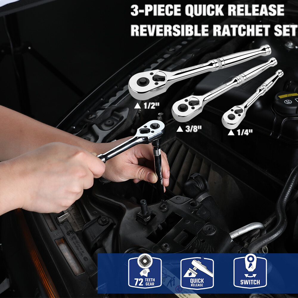 WORKPRO 3PC Ratchet Set Quick Release Reversible 72-Tooth 1/4" 3/8" 1/2" Drive