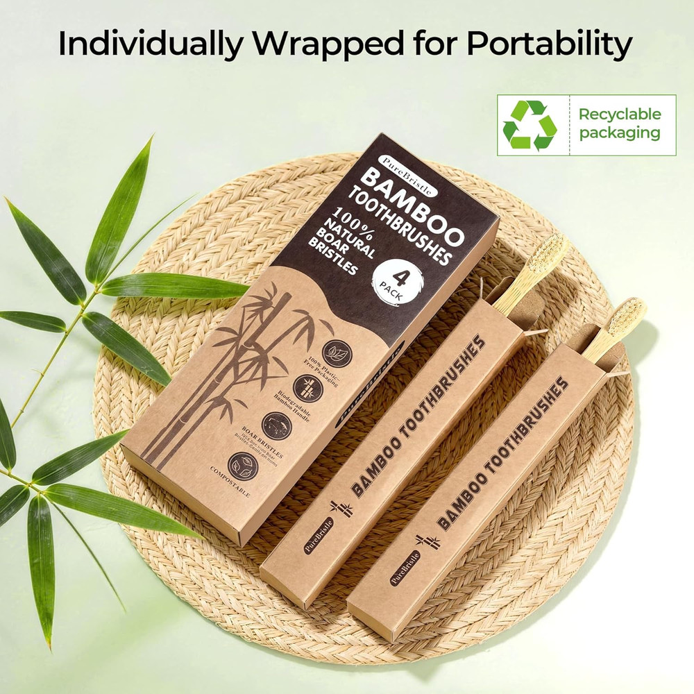 Boar Bristle Bamboo Toothbrushes 4-Pack, 100% Biodegradable Plastic Nylon Free,