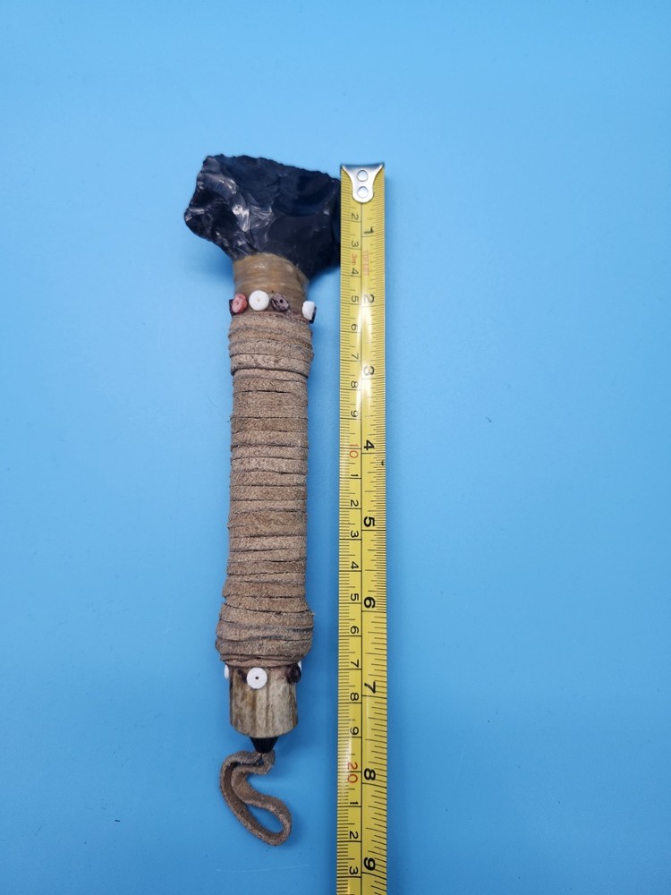 Hand Knapped Obsidian Blade Knife Primitive Style Leather Wrapped Handle