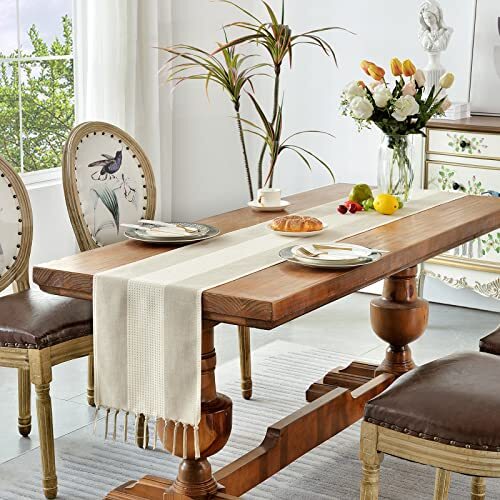 Linen Table Runner, Farmhouse Macrame Table Runners 60 13"×60" Light Coffee