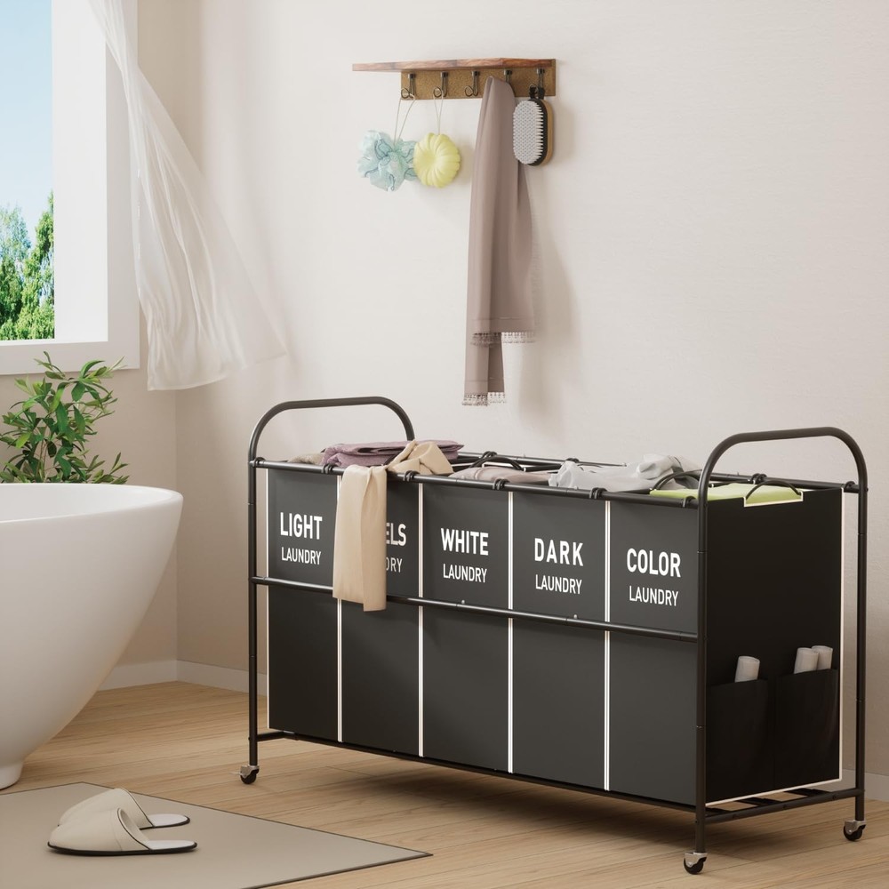 5-Section Laundry Sorter Cart, Large Laundry Hamper with Lockable Rolling Whe