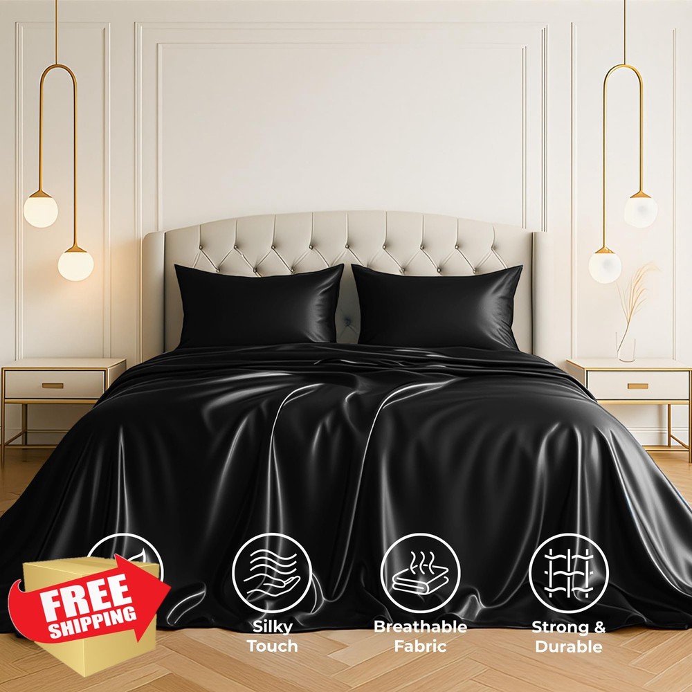 Black Satin Sheet Set Full 4-Piece Silky Microfiber