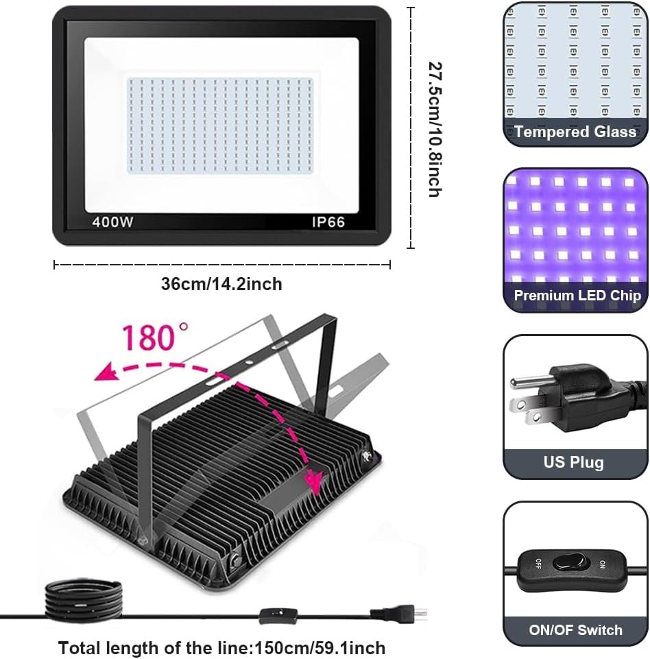 2 Pack 400W Black Light UV Floodlight 395nm