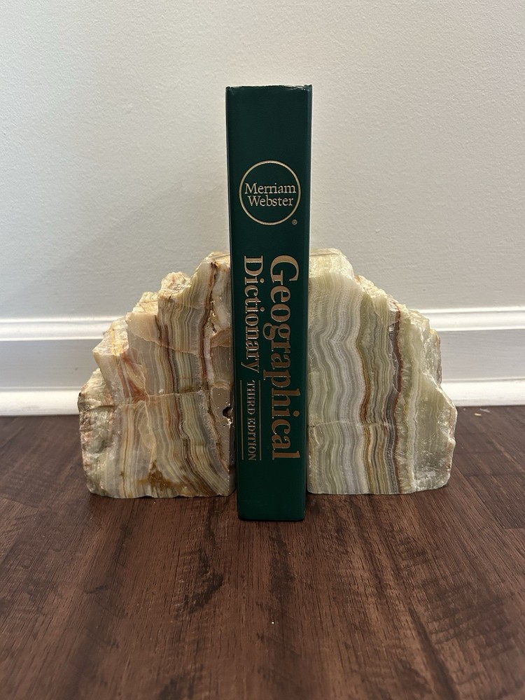 Vintage Heavy Solid Onyx Bookends Banded Stone Mid Century Decor