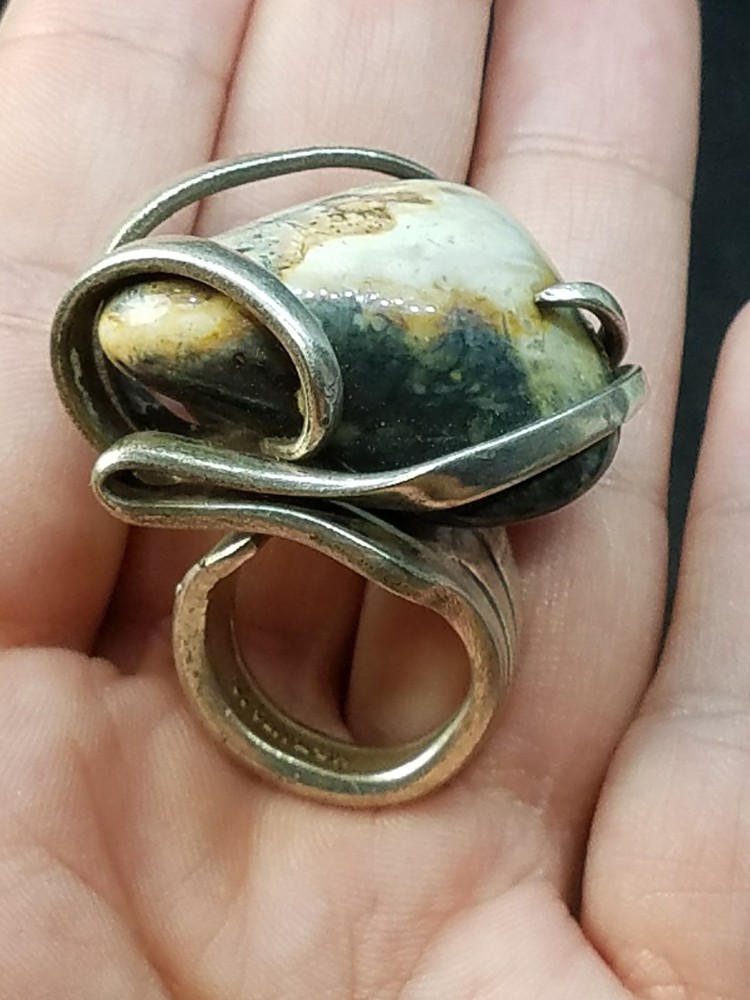 Vintage Fork Ring Large Stone Artisan Silver Tone Size 7